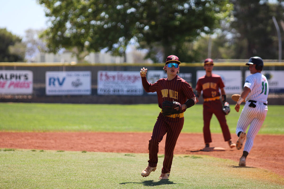Pahrump Valley High School senior second baseman Dominic Chiancone makes the play during the Cl ...