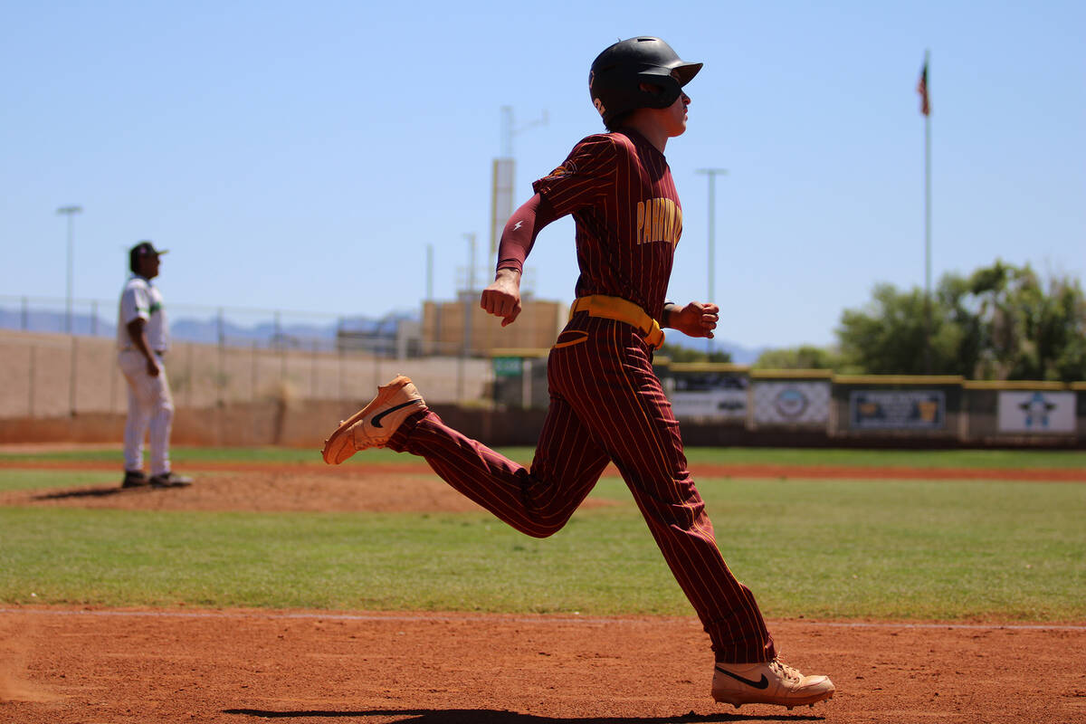 Pahrump Valley High School senior second baseman Dominic Chiancone runs a hard 90 during the Cl ...