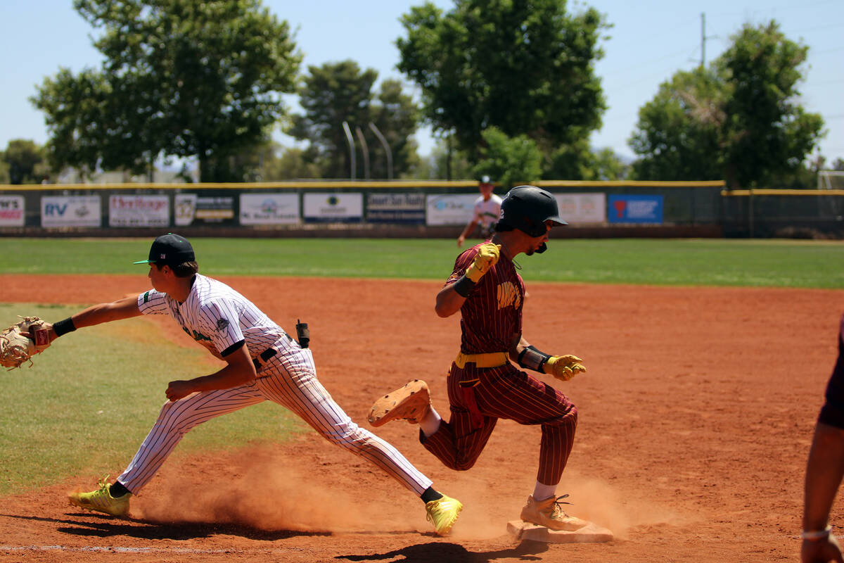 Pahrump Valley High School junior shortstop Tony Whitney beat out the throw to first base durin ...