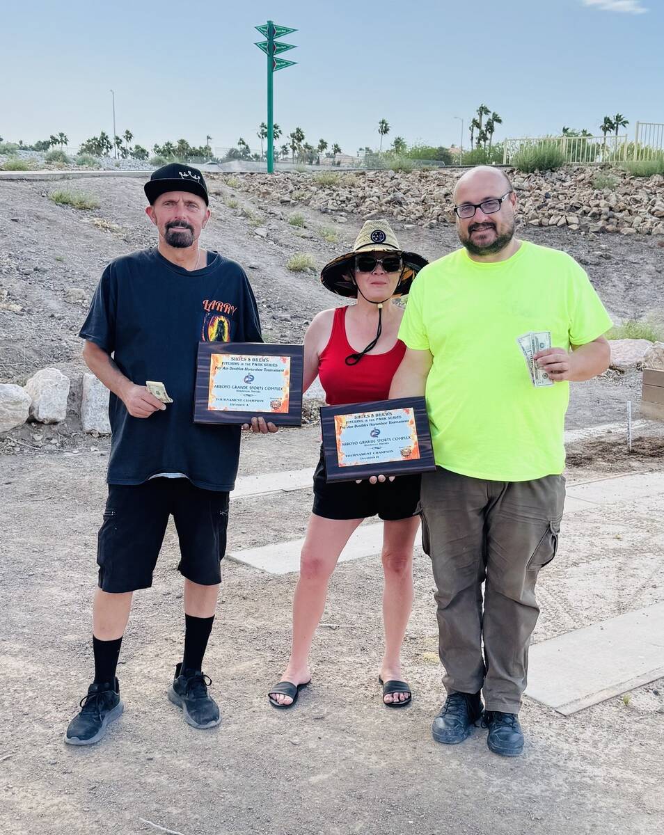 Shoes $ Brews pitchers show off their winnings following a tournament last Sunday at the Arroyo ...