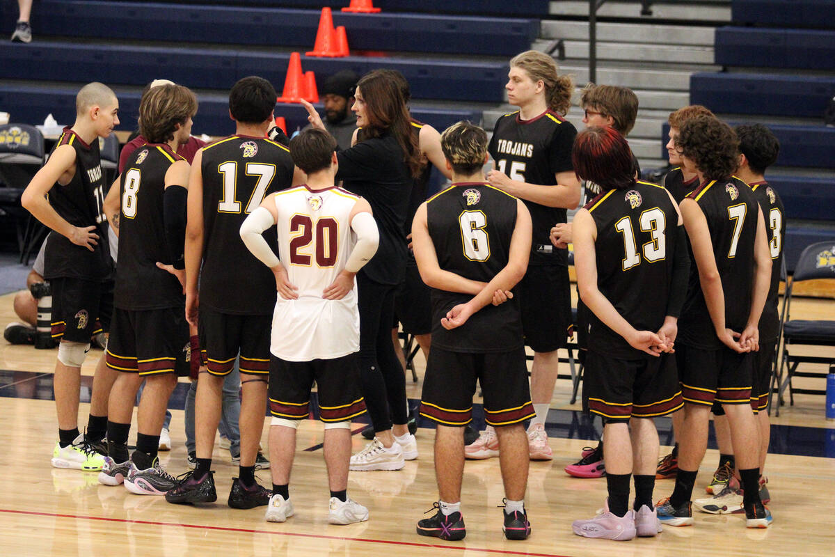 Pahrump Valley High School boys volleyball head coach Amber Lugo speaks to the team during an a ...