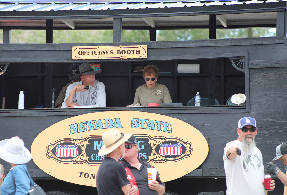 Announcing for this year's Nevada State Mining Championship was Tom Donovan, left, with Joni Ea ...