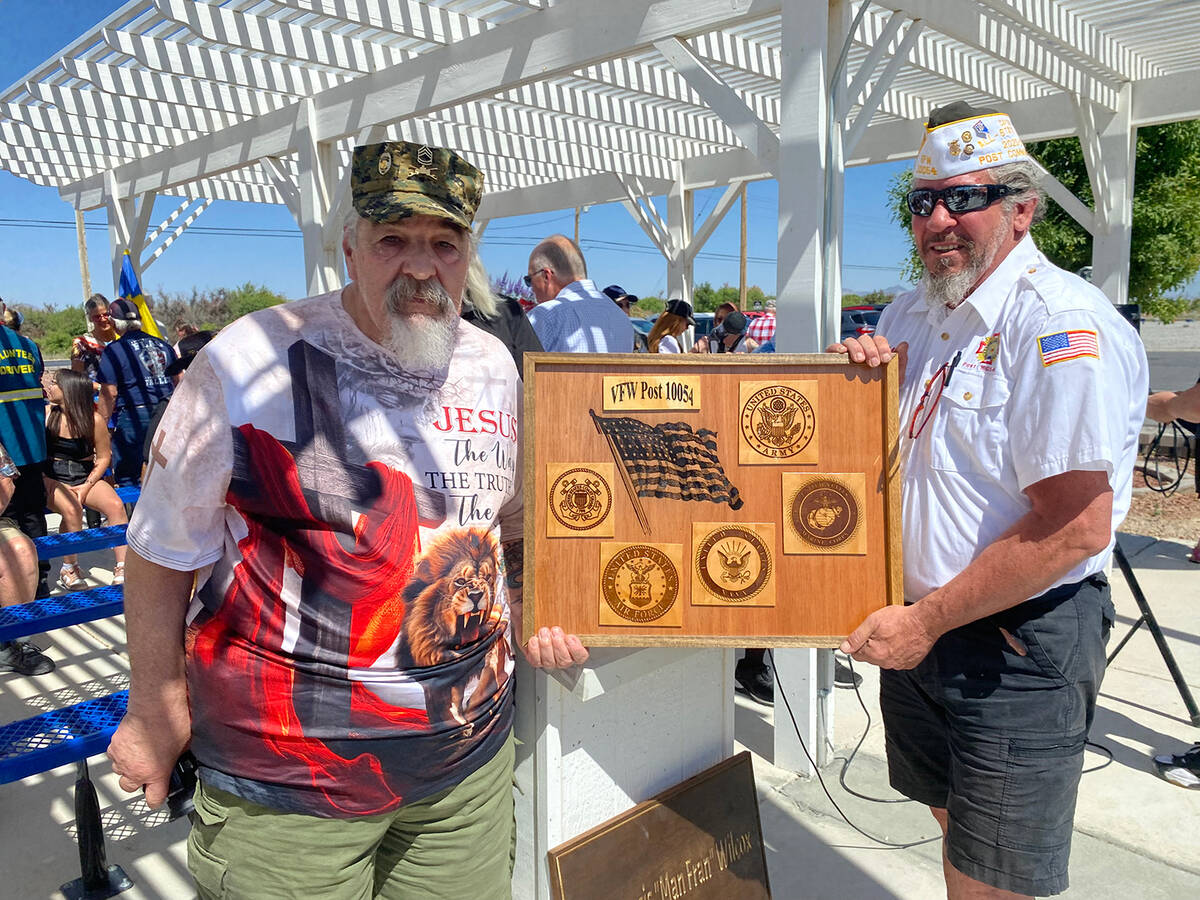 Pahrump Freedom Radio's Frank Maurizio presented the VFW Post #10054 with a special wooden plaq ...