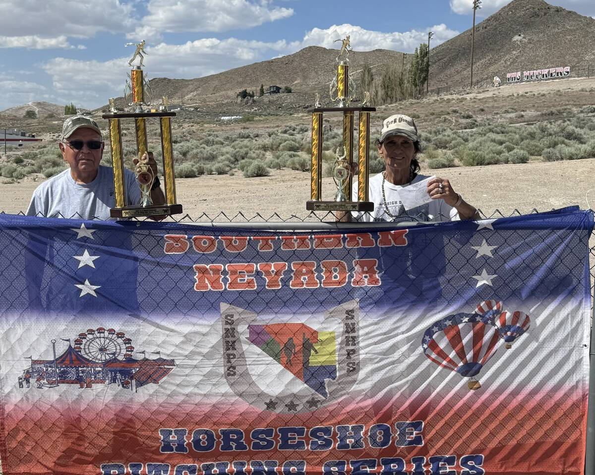 Southern Nevada Horseshoes Pitching Series pitchers Louie Escalante (left) and Helen Mack (righ ...