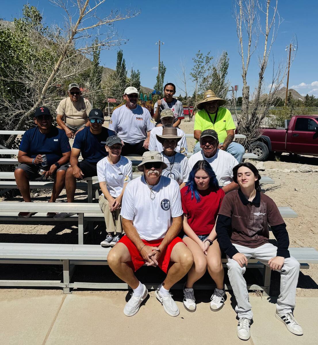 Pitchers from the Nevada State Horseshoe Pitching Association rest following the conclusion of ...