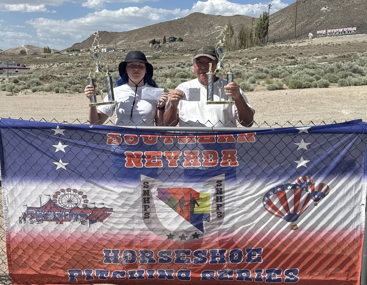 Southern Nevada Horseshoes Pitching Series pitchers Natalie Dilger (left) and Lance Hahaj (righ ...