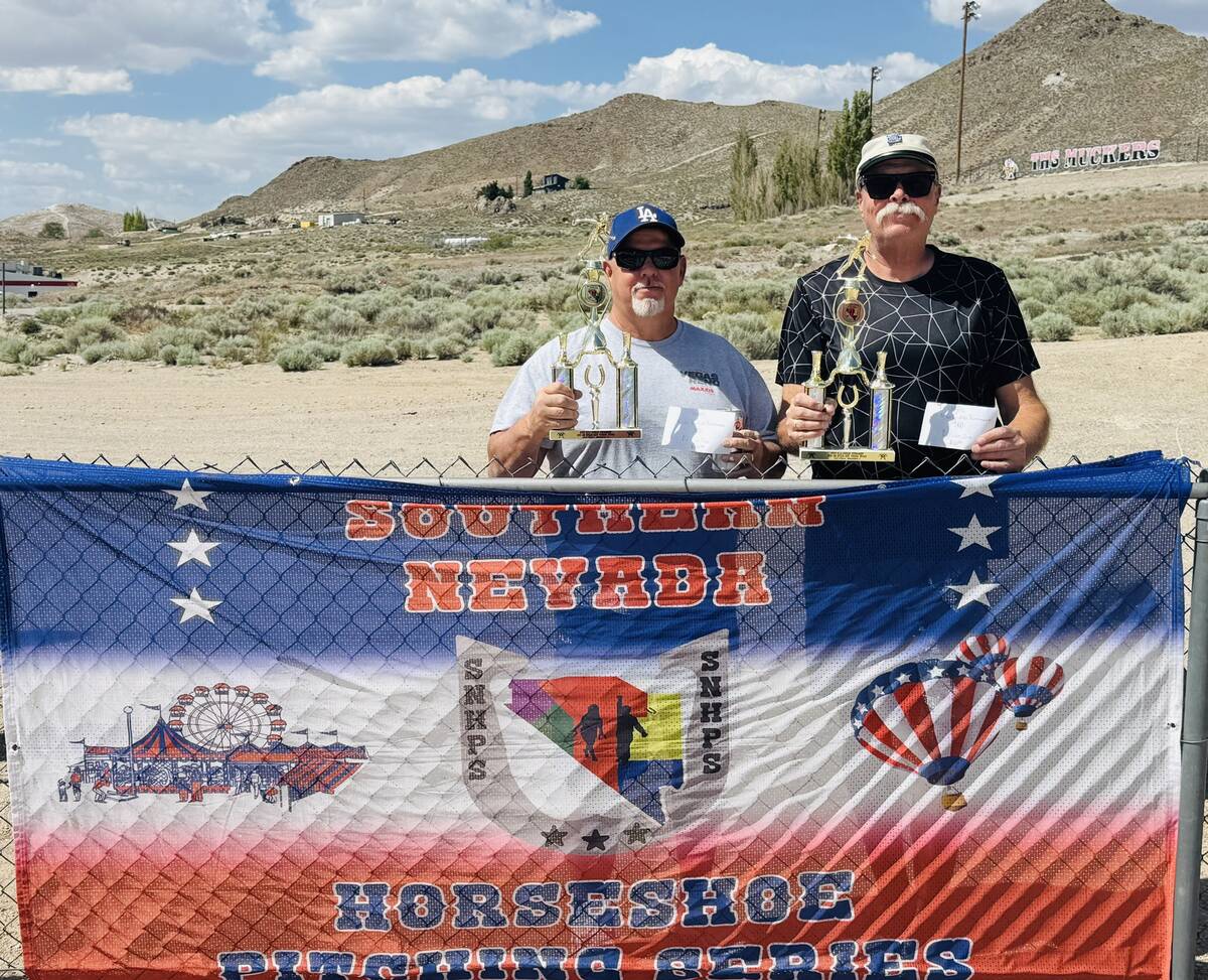 Southern Nevada Horseshoes Pitching Series pitchers Ron Lowndes (left) and Lathan "Reb" Dilger ...
