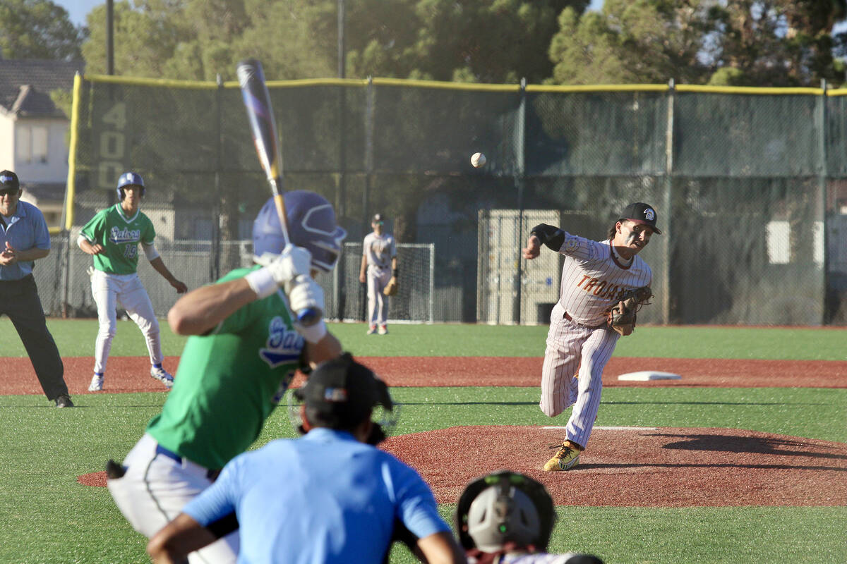 Pahrump Valley High School senior Kayne Horibe hurls a pitch toward the plate during a non-leag ...