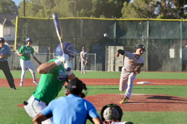 Pahrump Valley High School senior Kayne Horibe hurls a pitch toward the plate during a non-leag ...
