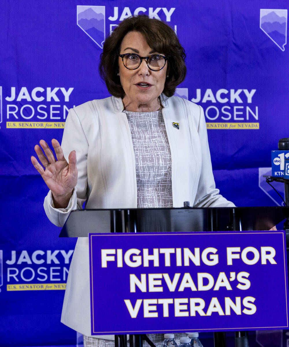 Sen. Jacky Rosen speaks during a press conference at the Lloyd D. George Courthouse on Thursday ...