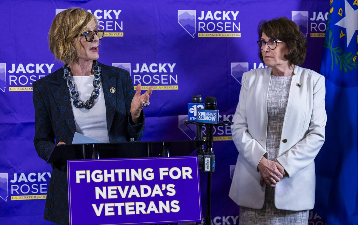 Congresswoman Susie Lee speaks during a press conference while joined by Sen. Jacky Rosen at th ...
