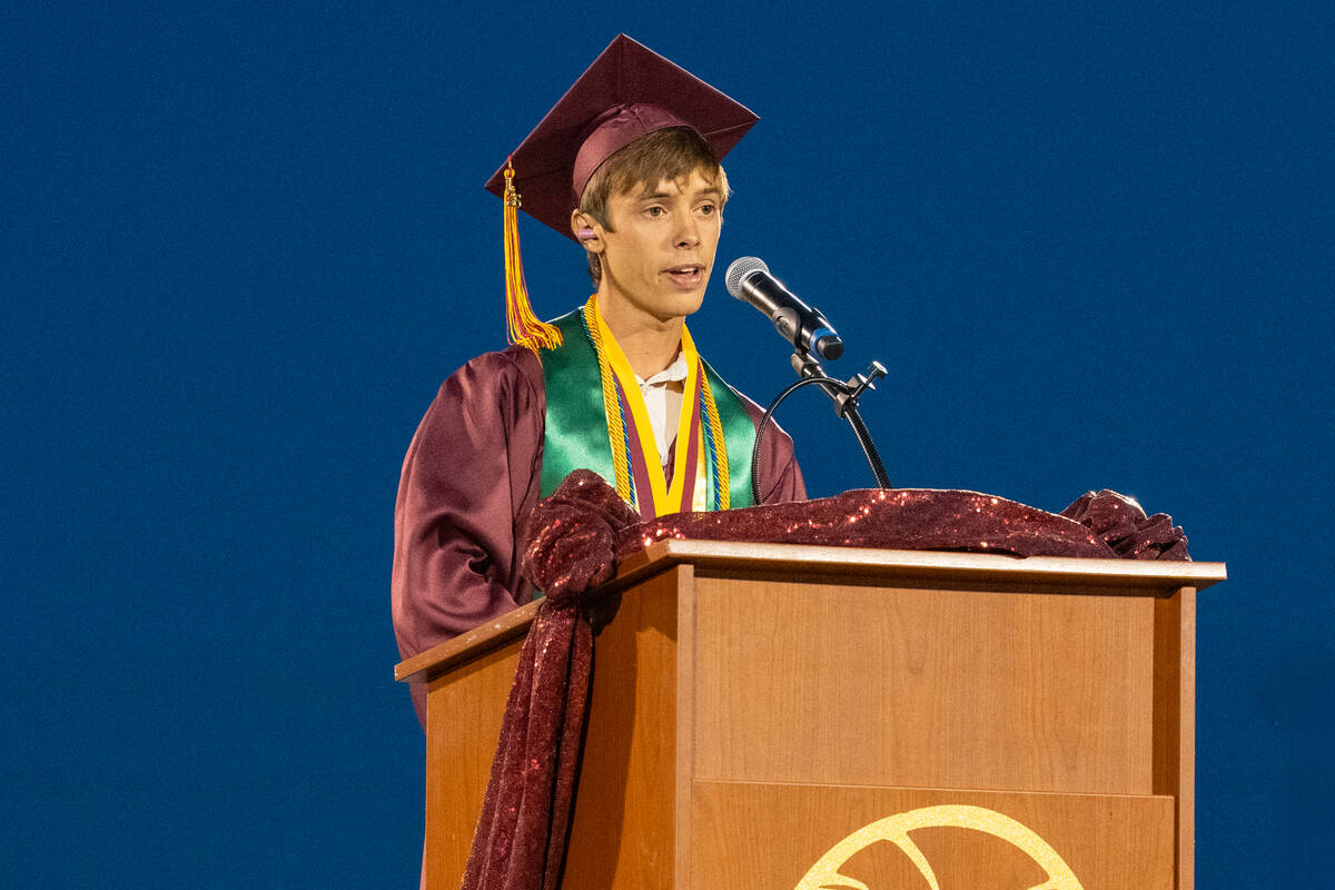 Valedictorian Timothy Stutzman delivers his speech to the graduates and families. (John Clausen ...