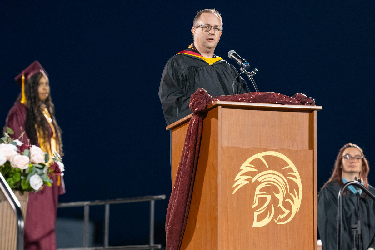 Guest speaker speech by PVHS counselor Mike Abbiss. (John Clausen/Pahrump Valley Times)