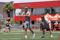 Pahrump Valley High School quarterback Hunter Wydick and running back Preston Dockter get set f ...