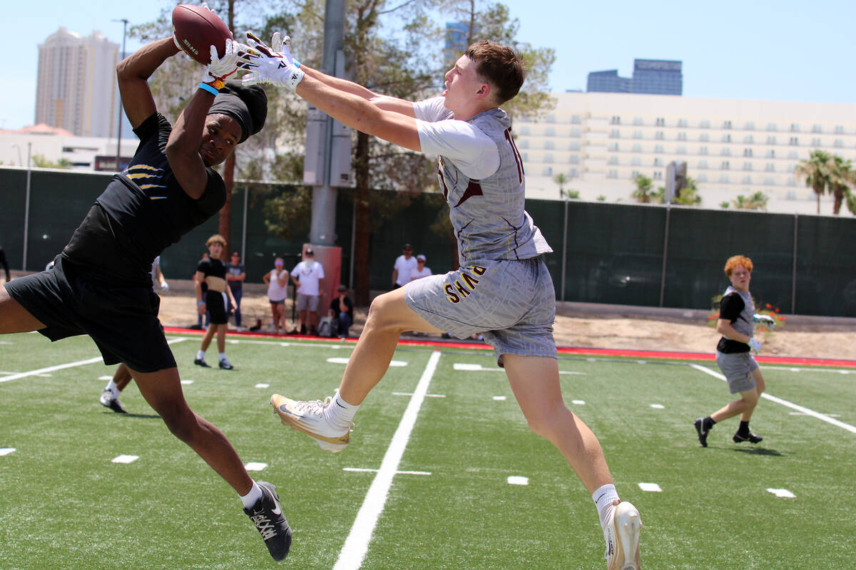Pahrump Valley High School junior Lucas Gavenda plays tight man coverage against Canyon Springs ...