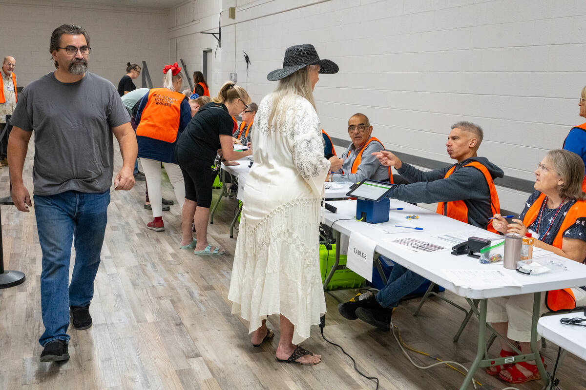 Voters check in with poll workers before casting their ballots on Primary Election Day morning ...