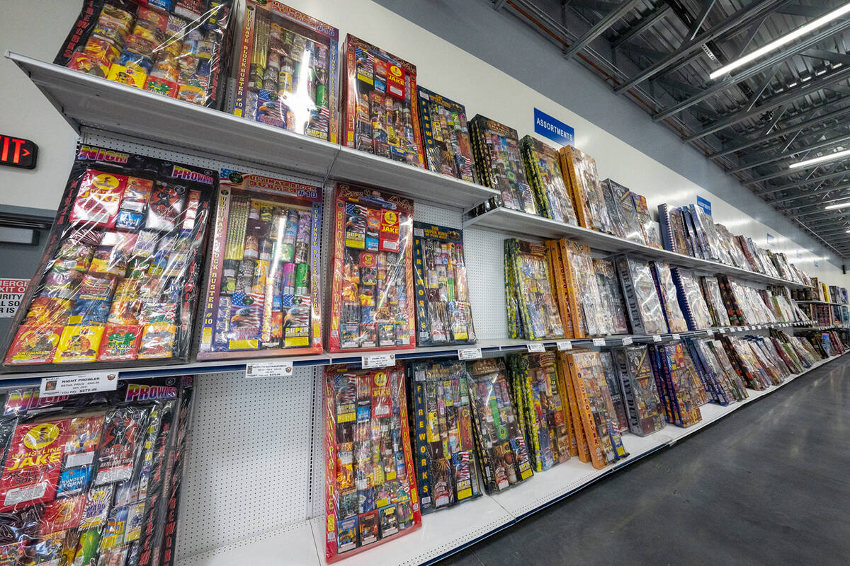 This wall at Battle Born Fireworks shows off the store's assortment packages filled with differ ...