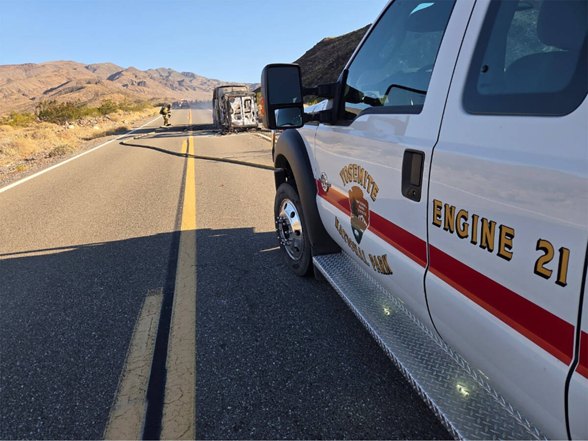A fire engine from Yosemite National Park stationed at Death Valley National Park responded to ...