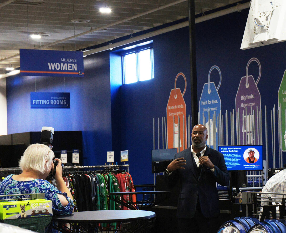 Goodwill of Southern Nevada President and CEO Richard "Rick" D. Neal Jr. speaks at the blue car ...