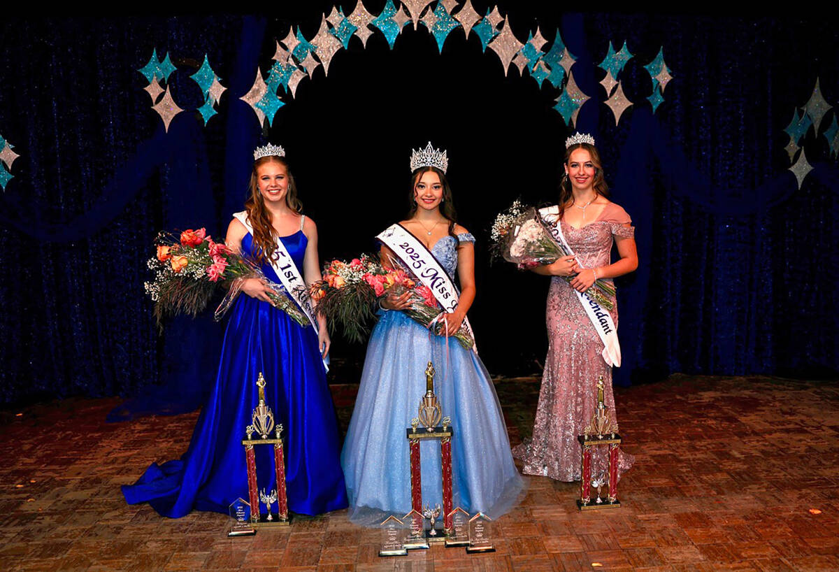 Miss Pahrump Queen 2025 Emilee Rodriguez, center, and her court, Isabella Simpson, left, and Mo ...