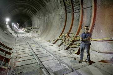 Inside the south portal to a five-mile tunnel in Yucca Mountain 90 miles northwest of Las Vegas ...