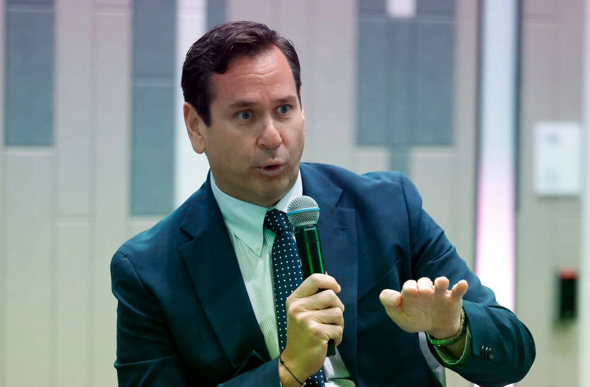Nevada Secretary of State Francisco Aguilar speaks during a Fireside Chat on election security ...