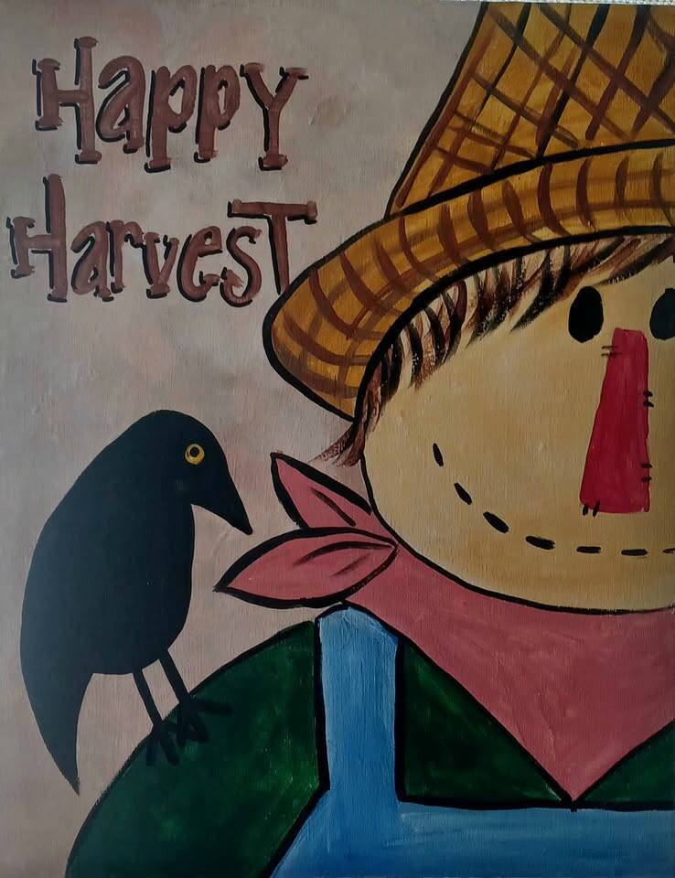 Get into the swing of fall. Paint a “Happy Harvest” whimsical scarecrow and bashful crow Sa ...