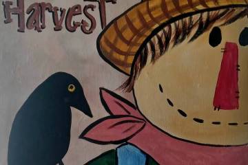 Get into the swing of fall. Paint a “Happy Harvest” whimsical scarecrow and bashful crow Sa ...