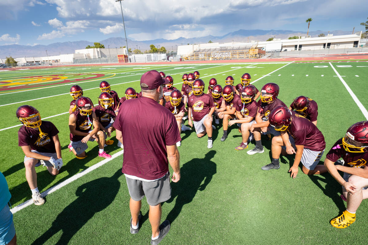 Head coach Toby Henry addresses his players during football practice, Aug. 5. (John Clausen/Pah ...