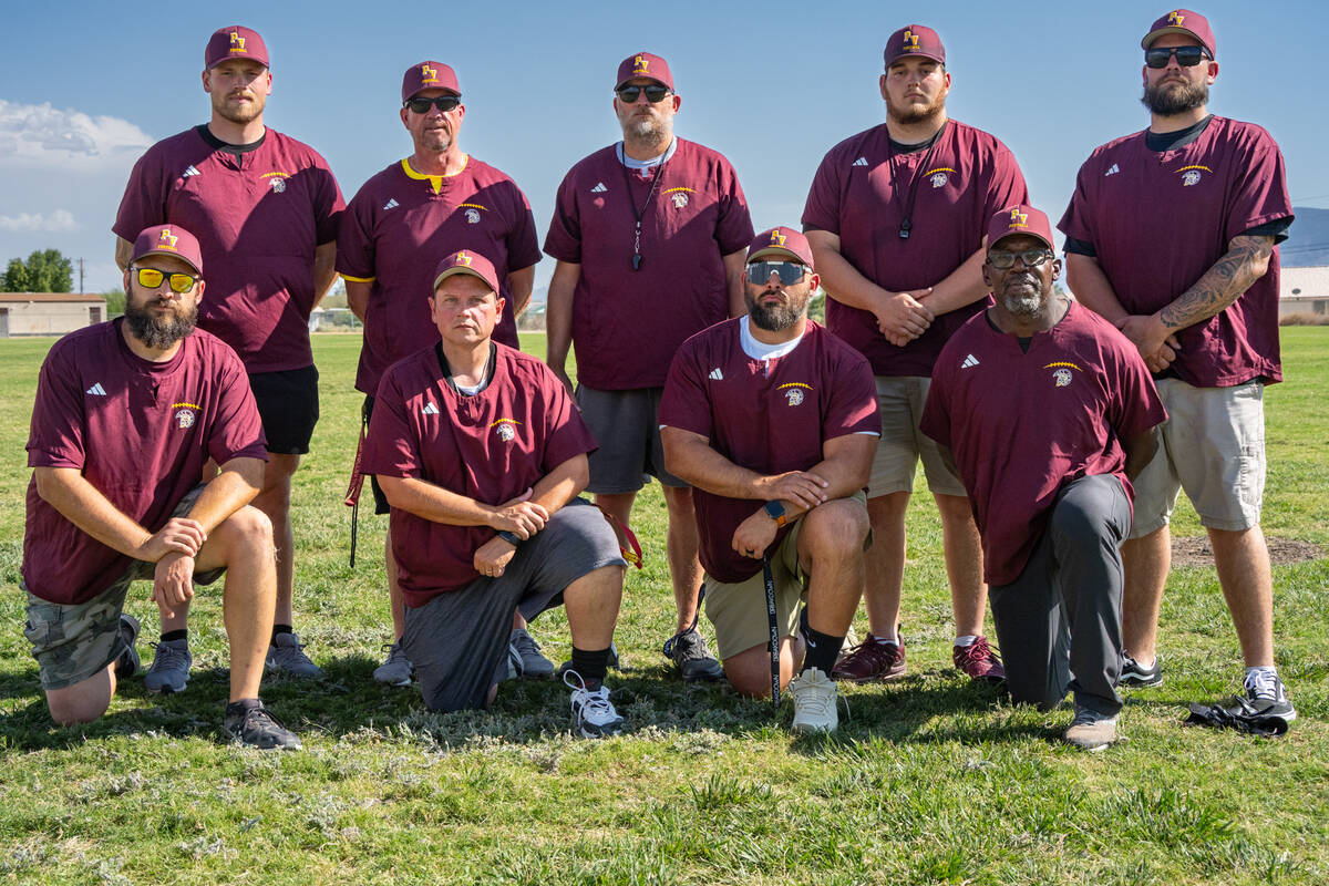 Pahrump Valley football coaches Darius Johnson, George Baker, Toby Henry, Hunter Mellinger, Jos ...