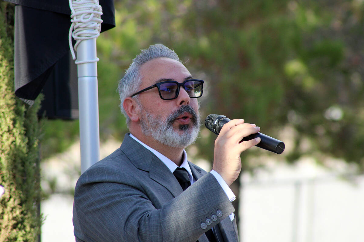 Nye County Sheriff's Office Sgt. Greg Curtin lent his voice to the Pahrump Purple Heart Day Sun ...