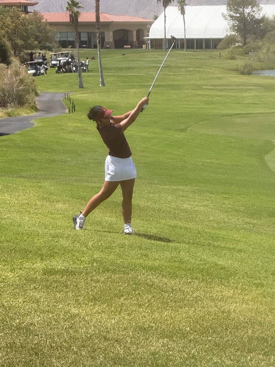 Pahrump Valley senior Natalie Soto follows through on a shot during the Trojans’ season-openi ...