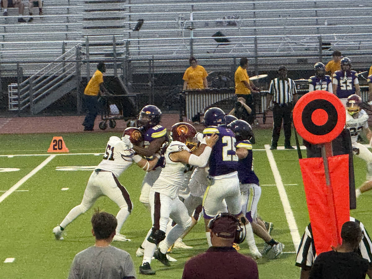 Pahrump Valley’s offensive line battles Durango’s defensive front during Friday’s 42-34 l ...