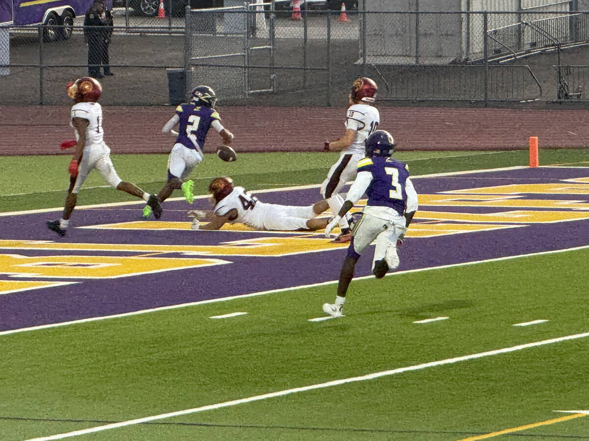 The ball comes loose from Durango’s Makai Miller (2) near the goal line as Pahrump Valley def ...