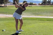 Pahrump Valley sophomore Raegan Saldana swings from the tee box during the Trojans’ Aug. 20 m ...