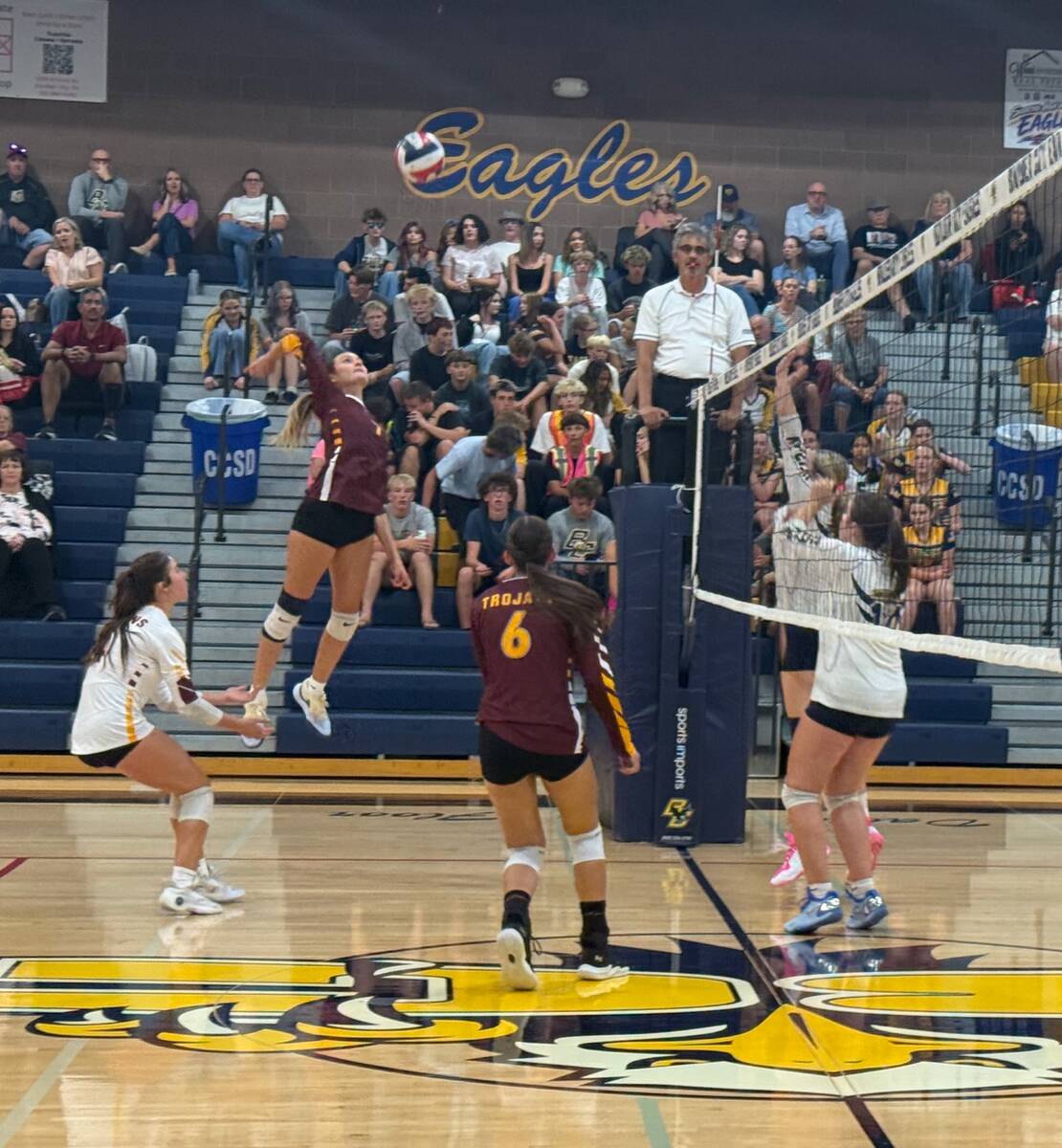 Pahrump Valley senior Riley Saldana rises against the Boulder City block during the Trojans’ ...
