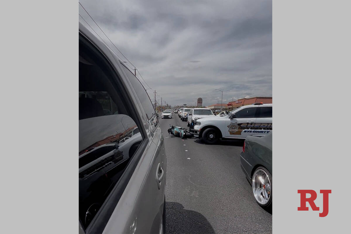 A Nye County deputy appeared to strike a motorcyclist during a pursuit near the intersection of ...