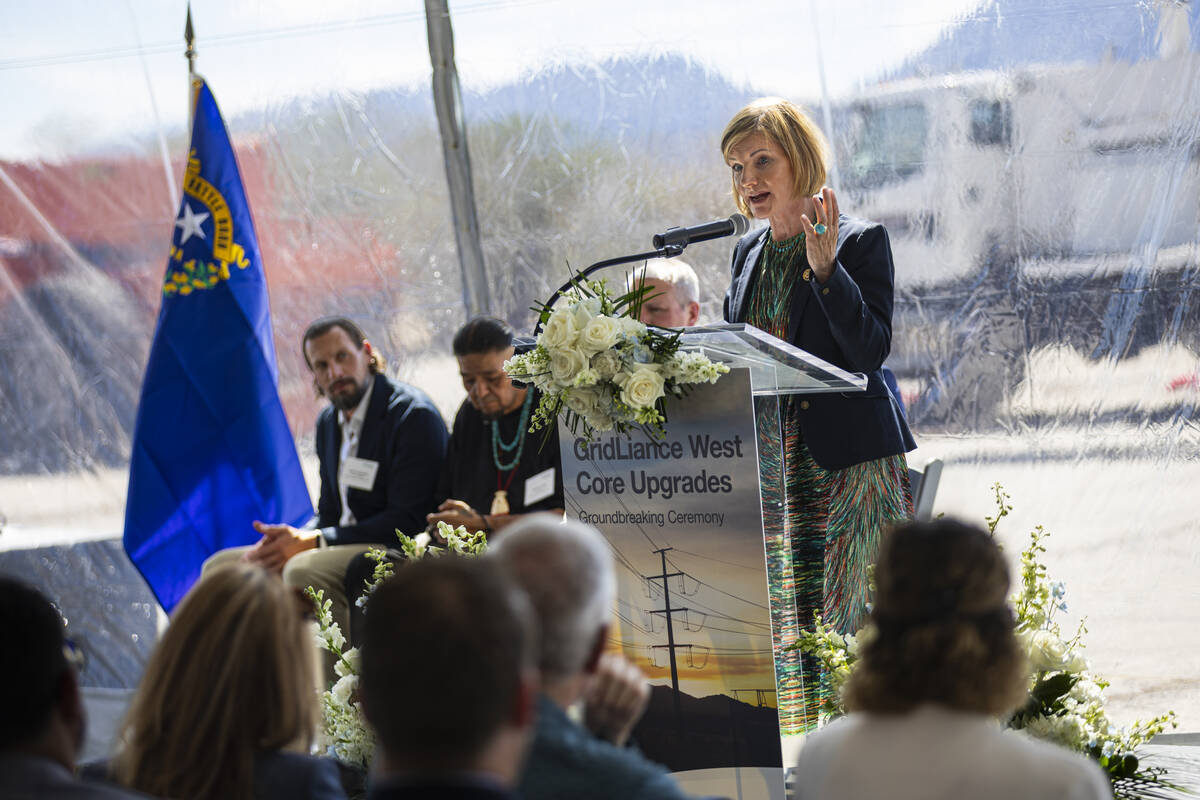 Rep. Susie Lee, D-Nev., speaks during a groundbreaking ceremony for GridLiance West, which will ...