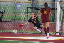 Pahrump Valley’s Melissa Nunez-Ramirez (5) follows the play near the goal as Somerset Academy ...