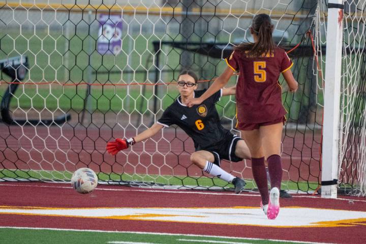 Pahrump Valley’s Melissa Nunez-Ramirez (5) follows the play near the goal as Somerset Academy ...