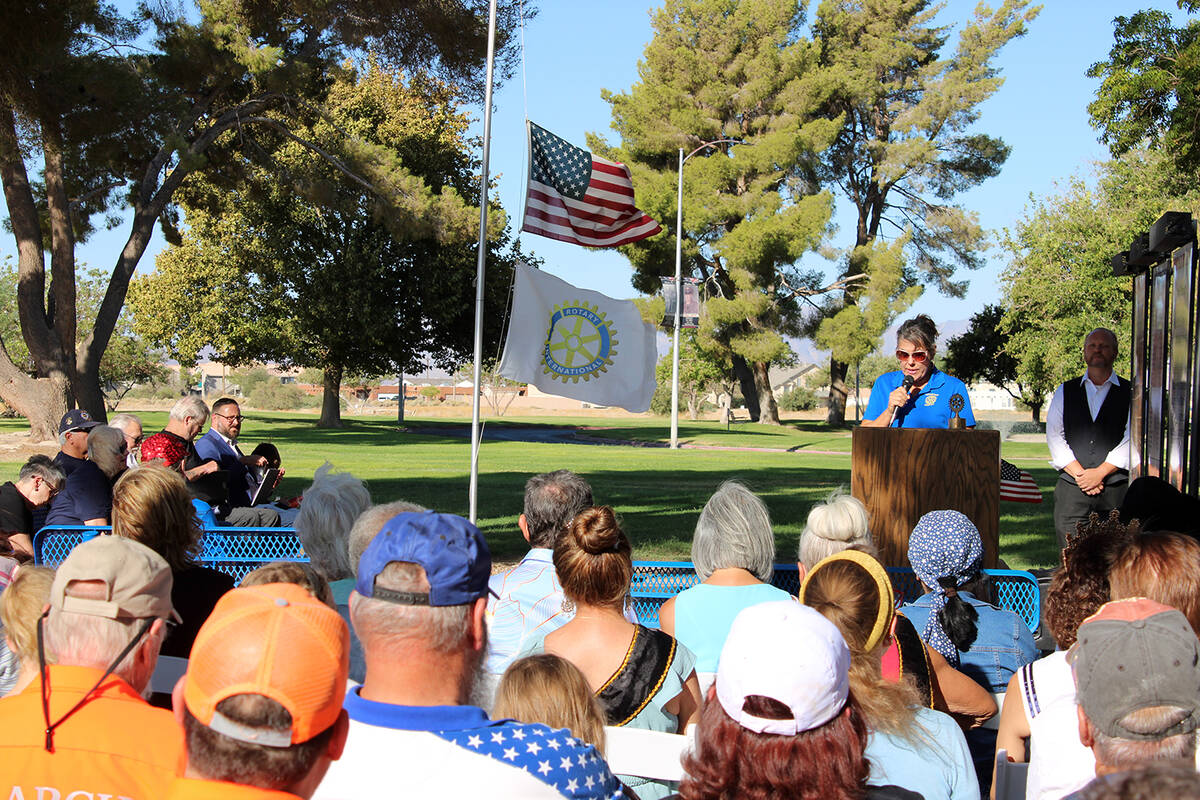 Pahrump Valley Rotary President Debra Beatty addresses the crowd assembled for the 9/11 Memoria ...