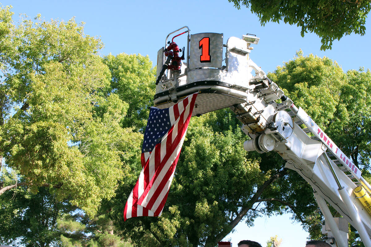 Tower Ladder 1 displays an American Flag at the Pahrump Valley Rotary Club's 9/11 Ceremony. Thi ...