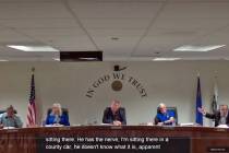 Nye County Commissioner Ian Bayne, far right, speaks at the board's Tuesday, Sept. 15 meeting, ...