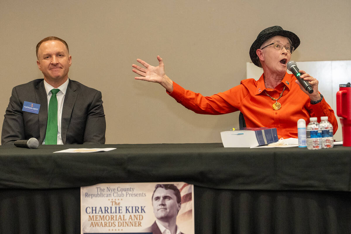 Fifth Judicial District Court, Department 1 judge challenger Nathan Gent (left) debated with th ...