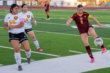 Pahrump Valley’s Sydney Crotty (8) plays the ball against Somerset Academy Losee earlier this ...