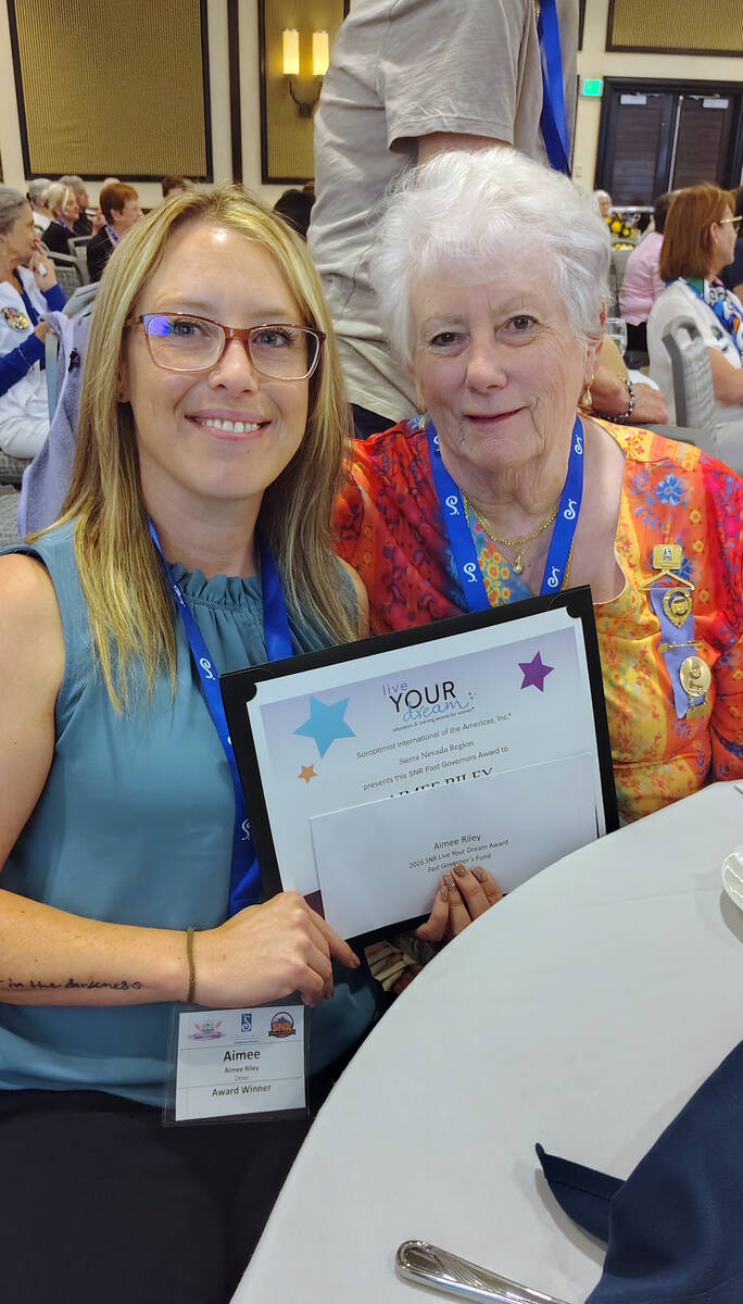 Pahrump resident Aimee Riley, left, was a top winner in the 2026 Live Your Dream Awards, receiv ...