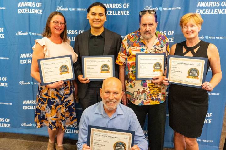 Pahrump Valley Times reporters Robin Hebrock (left), Elijah Dulay, Bill Evans, editor Jessica S ...