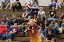 Pahrump Valley’s Emri Wulfenstein (3) passes the ball during a junior varsity match against T ...