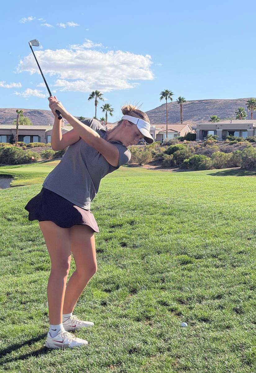 Pahrump Valley sophomore Raegan Saldana hits an approach shot during a Sept. 16 Class 3A Southe ...