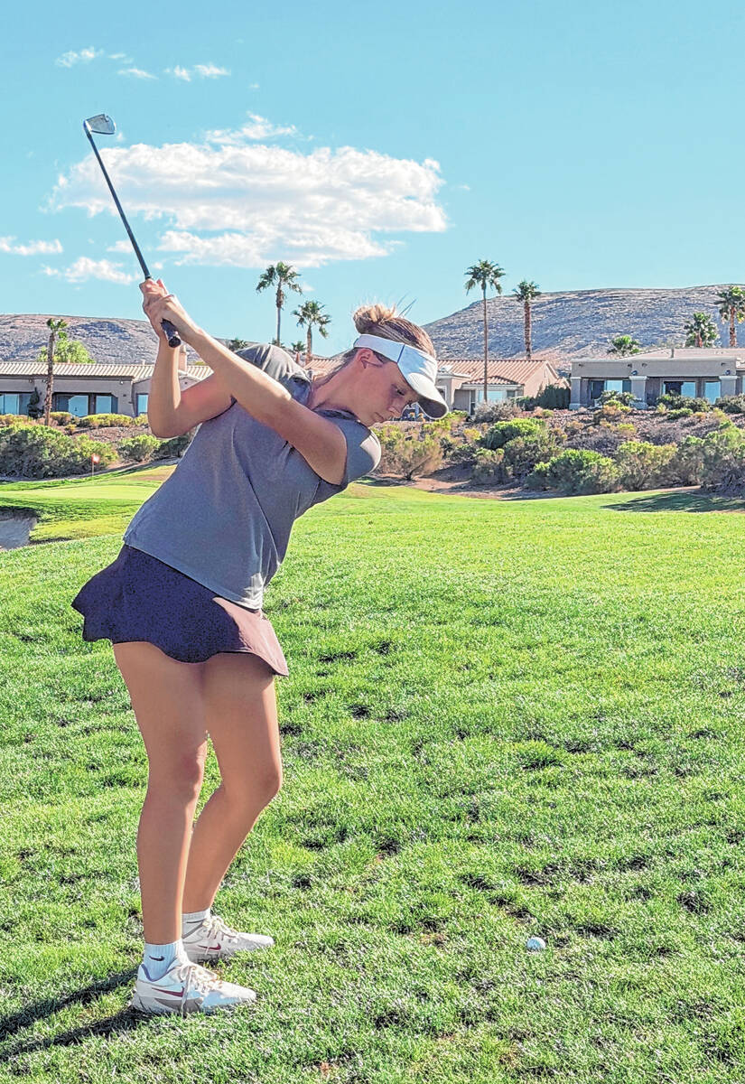 Pahrump Valley sophomore Raegan Saldana hits an approach shot during a Sept. 16 Class 3A Southe ...